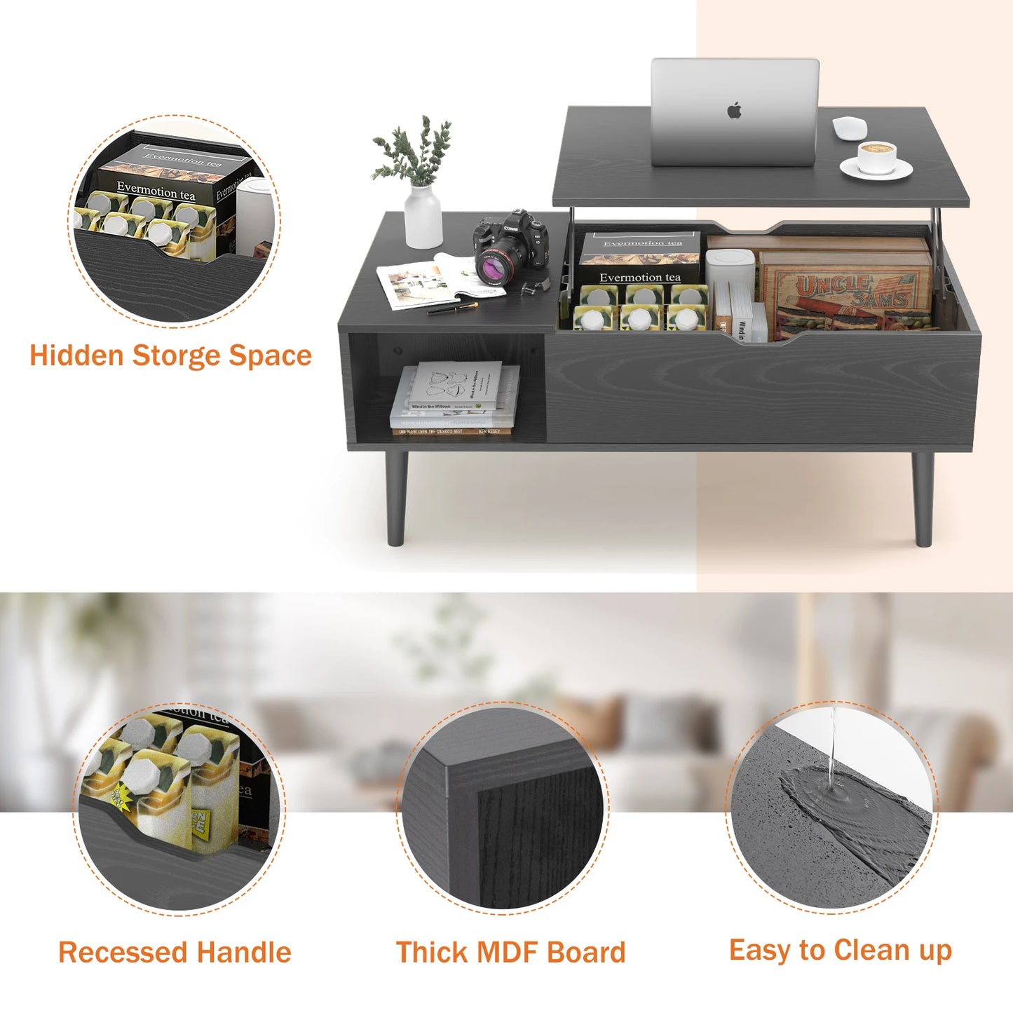JHK Lift Top Coffee Table With Adjustable Storage Living Room