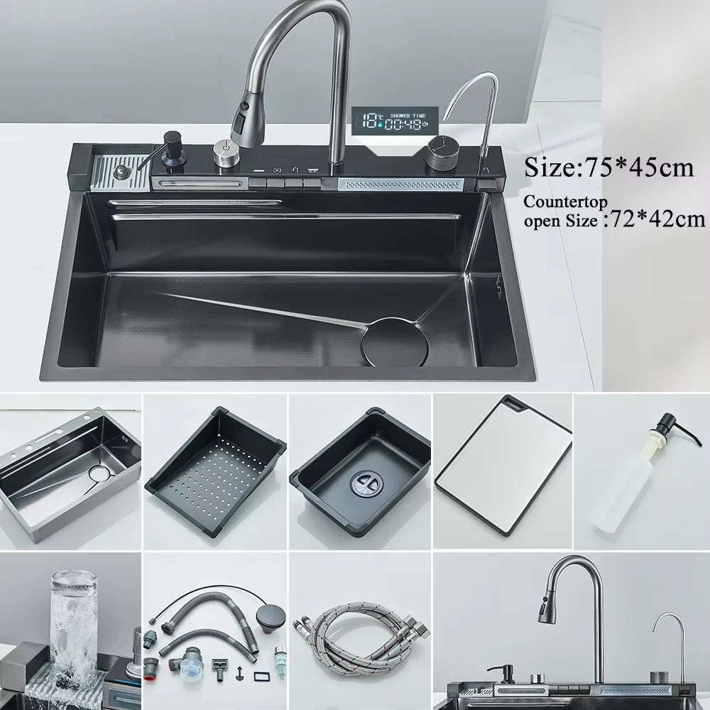 Stainless Steel Waterfall Kitchen Faucet Set With Digital Display