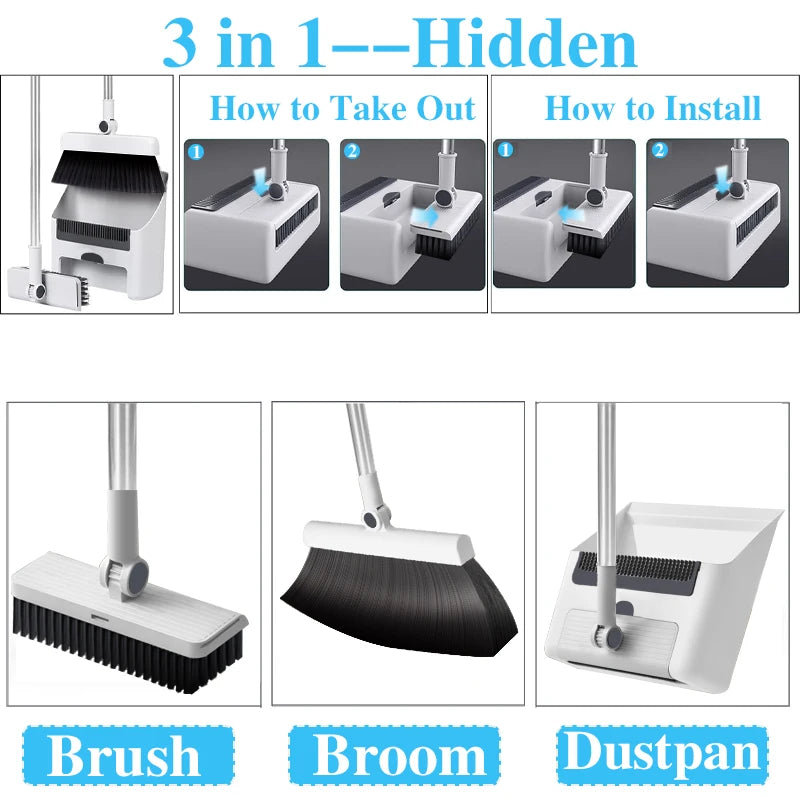 3 In 1 Broom And Dustpan Set With ExtraLong Handle