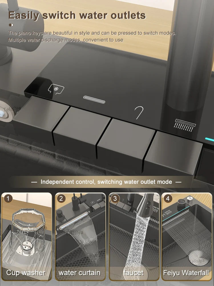 Telisiya Waterfall Stainless Steel Kitchen Sink Four Hole Above Counter