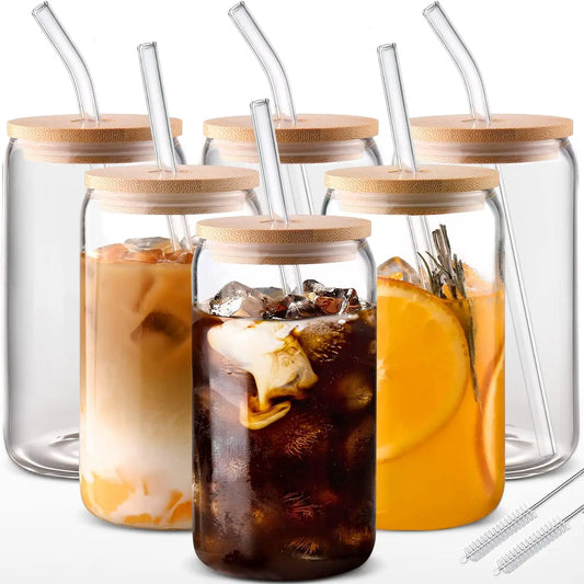 NONEDrinkware 6pc Glass Cups With Bamboo Lids And Glass Straws