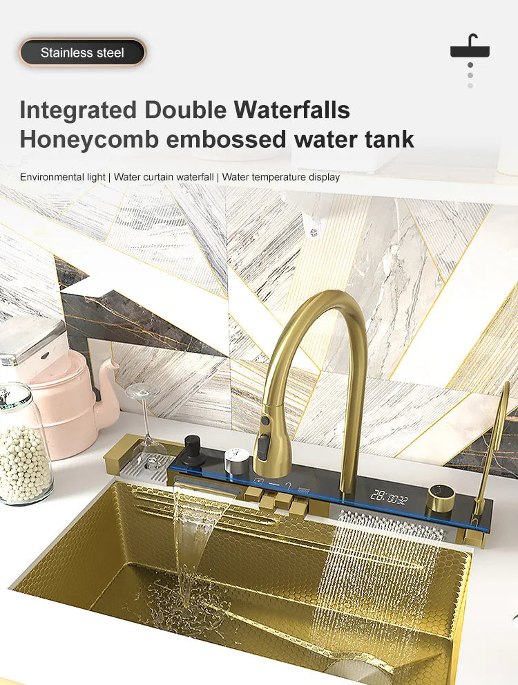 Telisiya Waterfall Stainless Steel Kitchen Sink Four Hole Above Counter