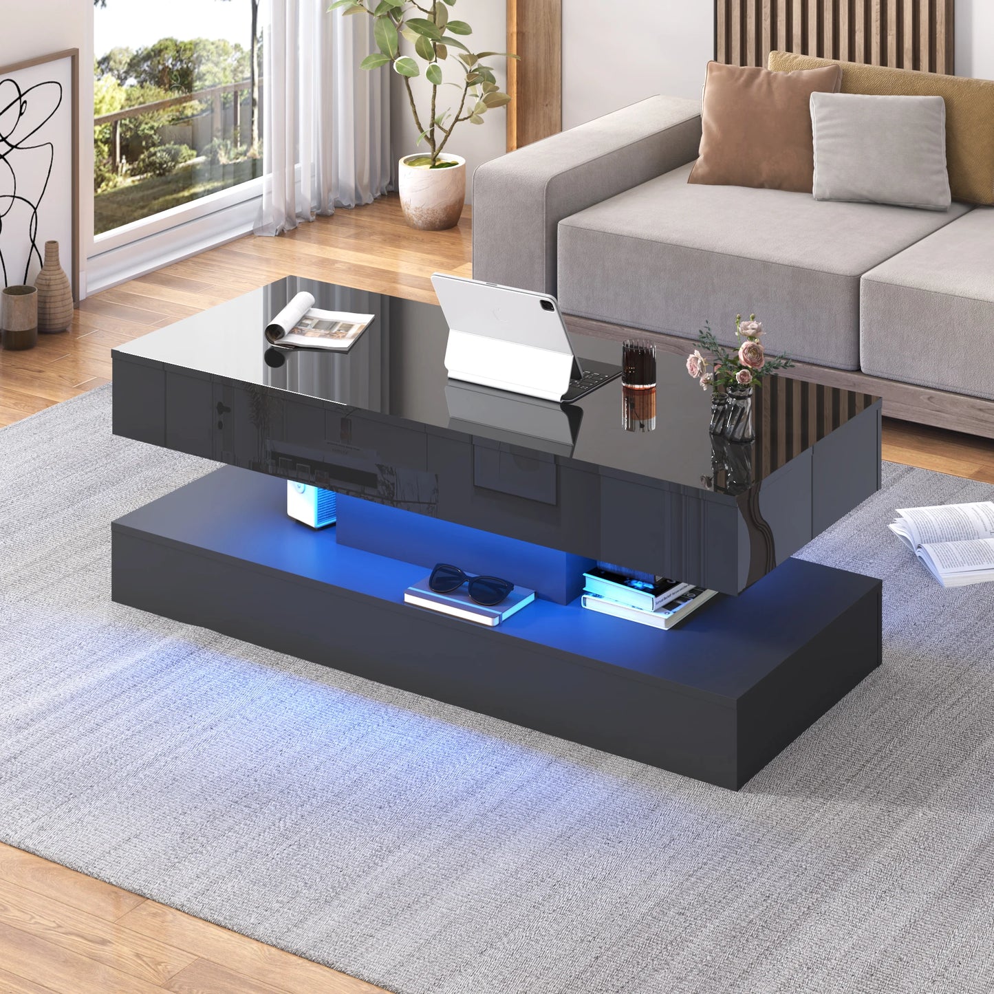 QiaoShiRen High Gloss LED Coffee Table With Open Display Shelf