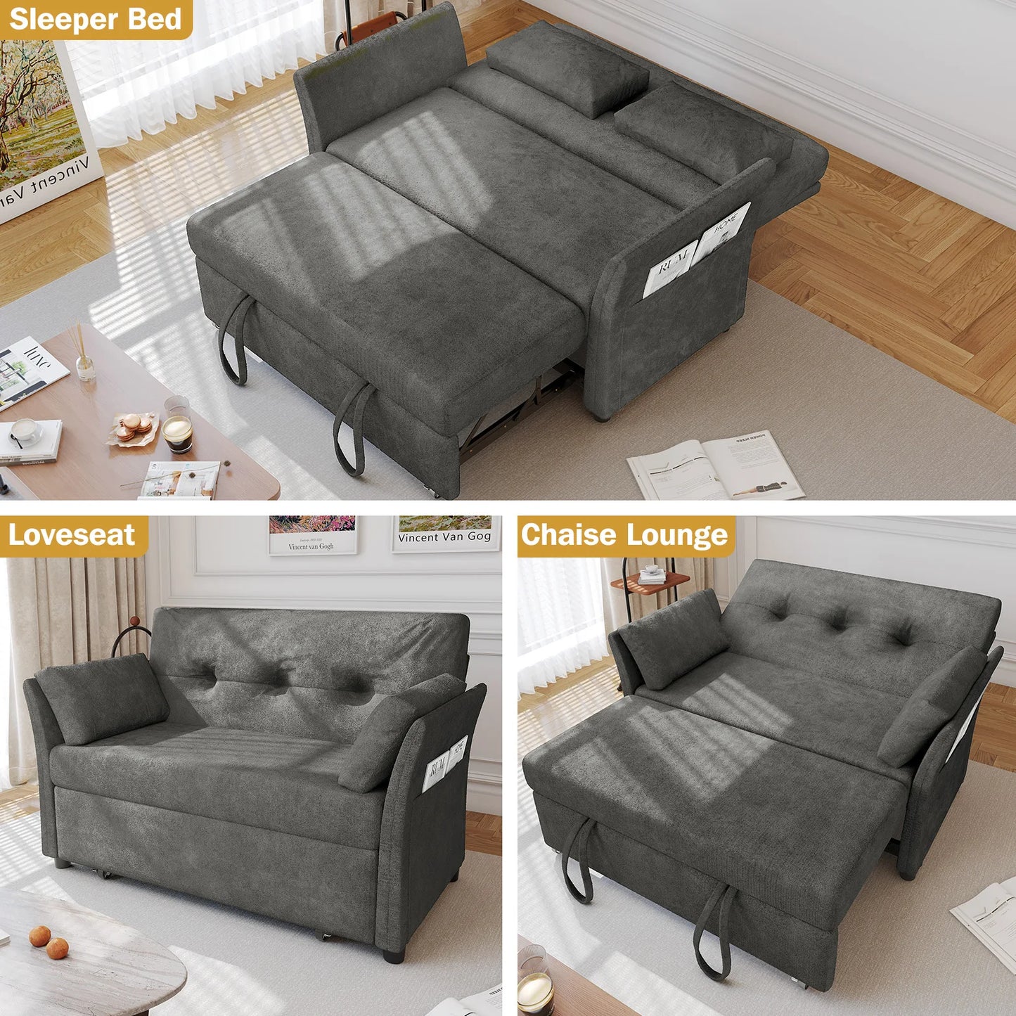 3-In-1 Convertible Sofa Bed With Adjustable Backrest For Living Room