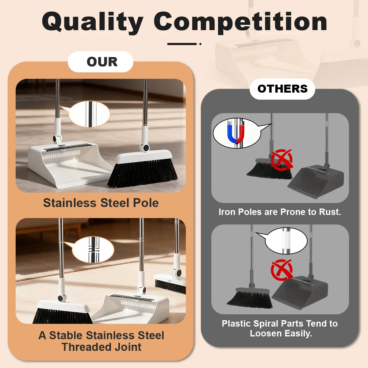 3 In 1 Broom And Dustpan Set With ExtraLong Handle