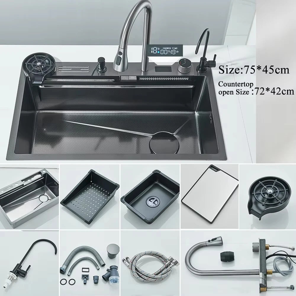 MYQualife 304 Stainless Steel Waterfall Kitchen Sink Faucet Soap Dispenser