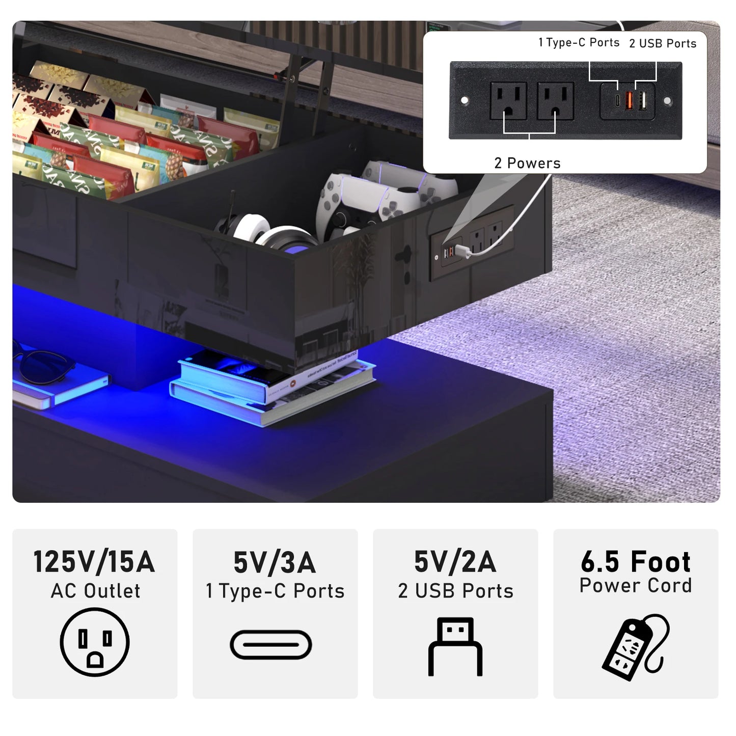 QiaoShiRen High Gloss LED Coffee Table With Open Display Shelf