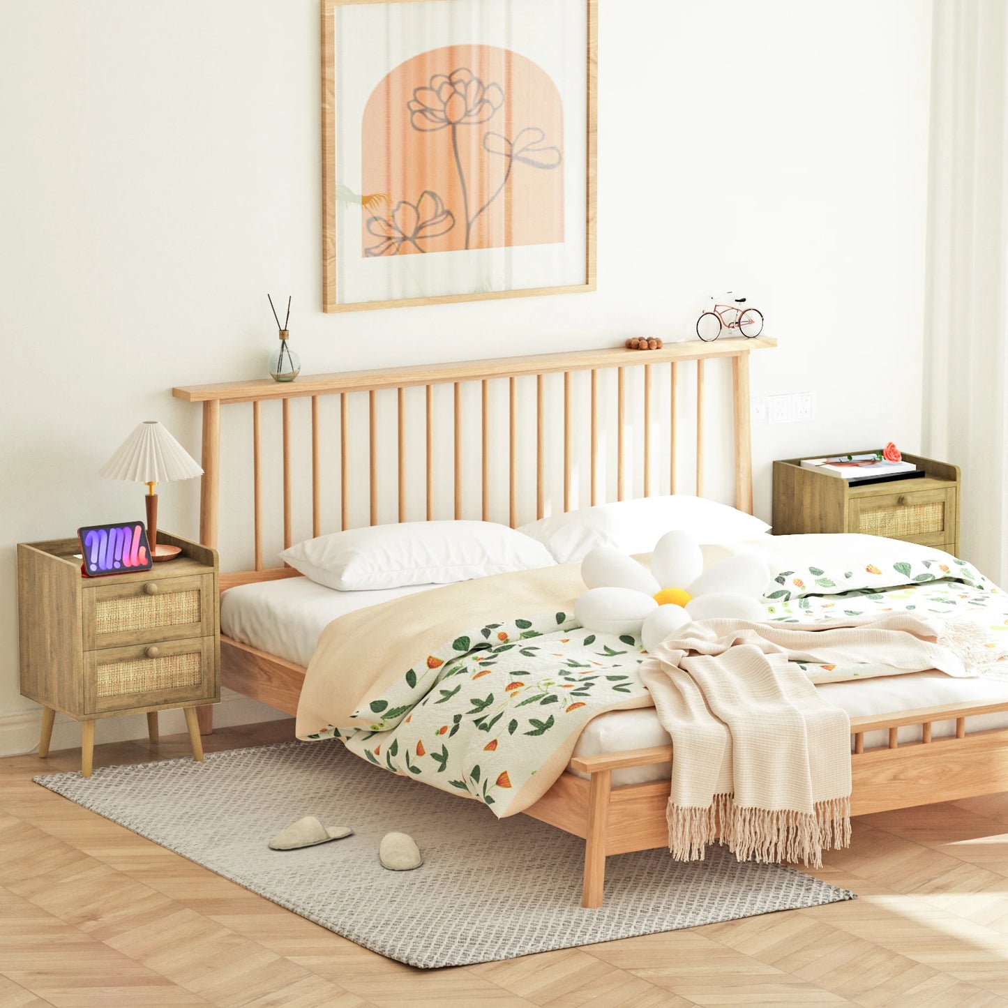 Rattan Nightstand With Charging Station And Two Drawers