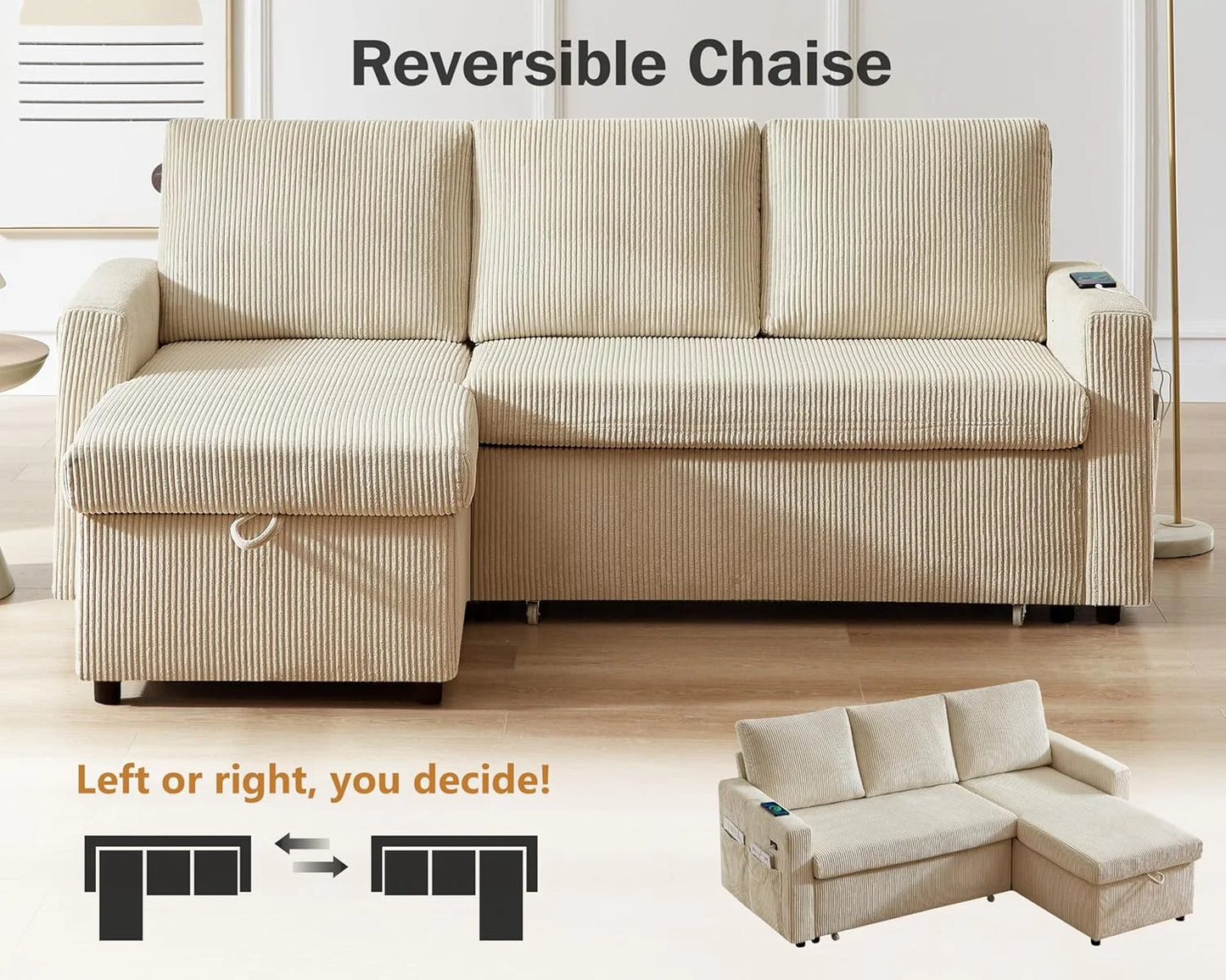3-In-1 Convertible Sofa Bed With Adjustable Backrest For Living Room