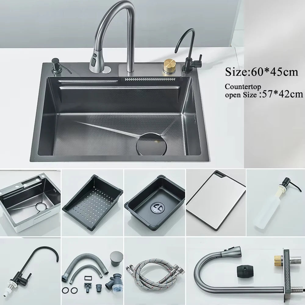 Stainless Steel Waterfall Kitchen Faucet Set With Digital Display