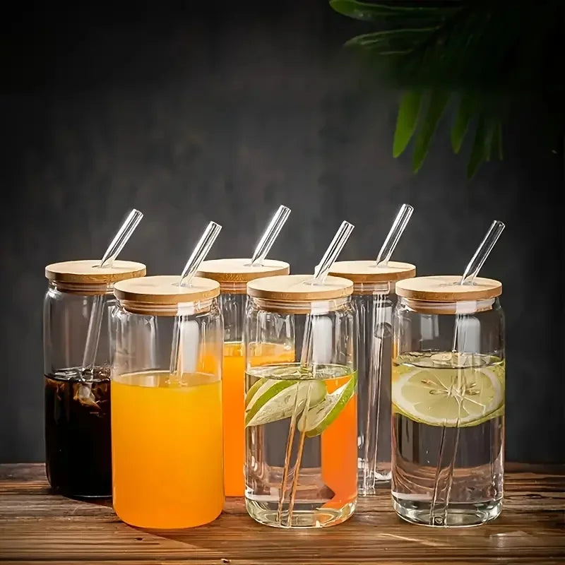 NONEDrinkware 6pc Glass Cups With Bamboo Lids And Glass Straws