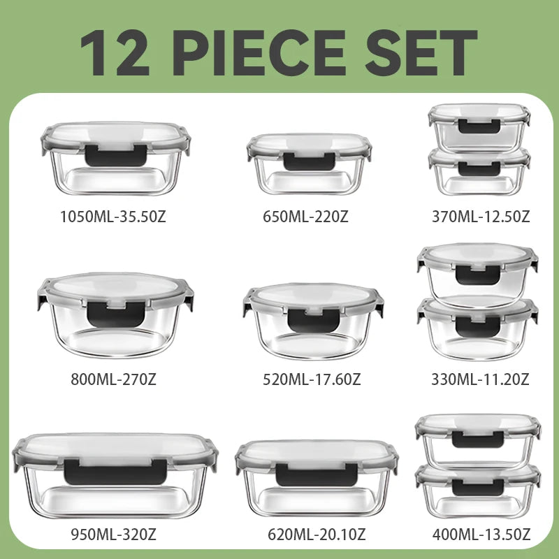 Glass Lunch Box Set Airtight Meal Prep Containers Dishwasher Safe