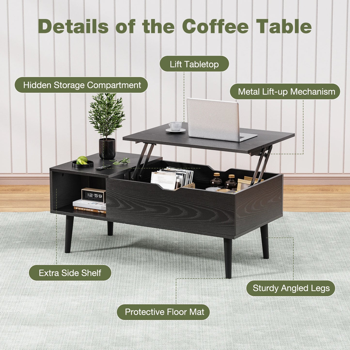 JHK Lift Top Coffee Table With Adjustable Storage Living Room