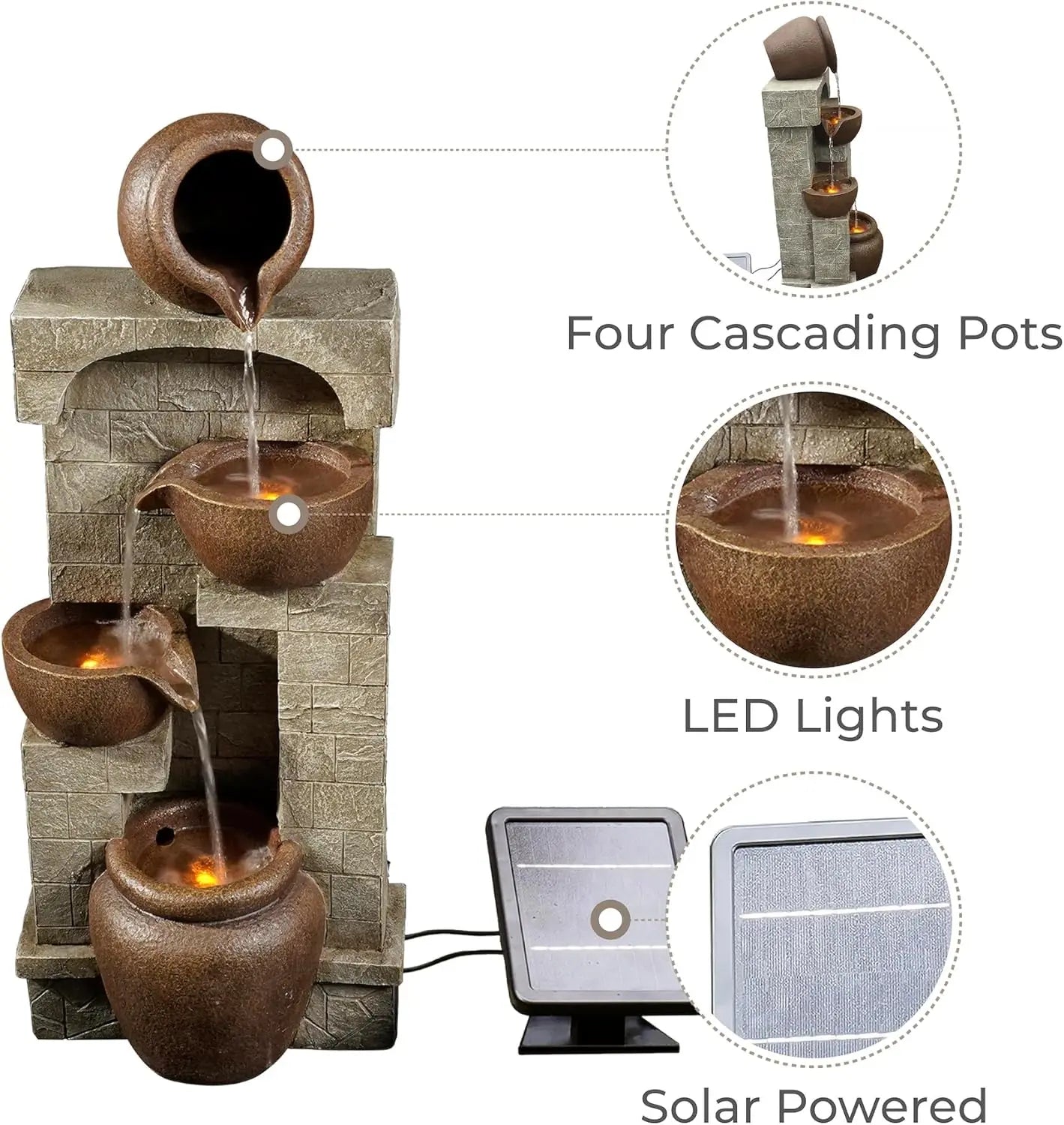 Solar LED Outdoor Water Fountain With Cascading Bowls For Garden Patio