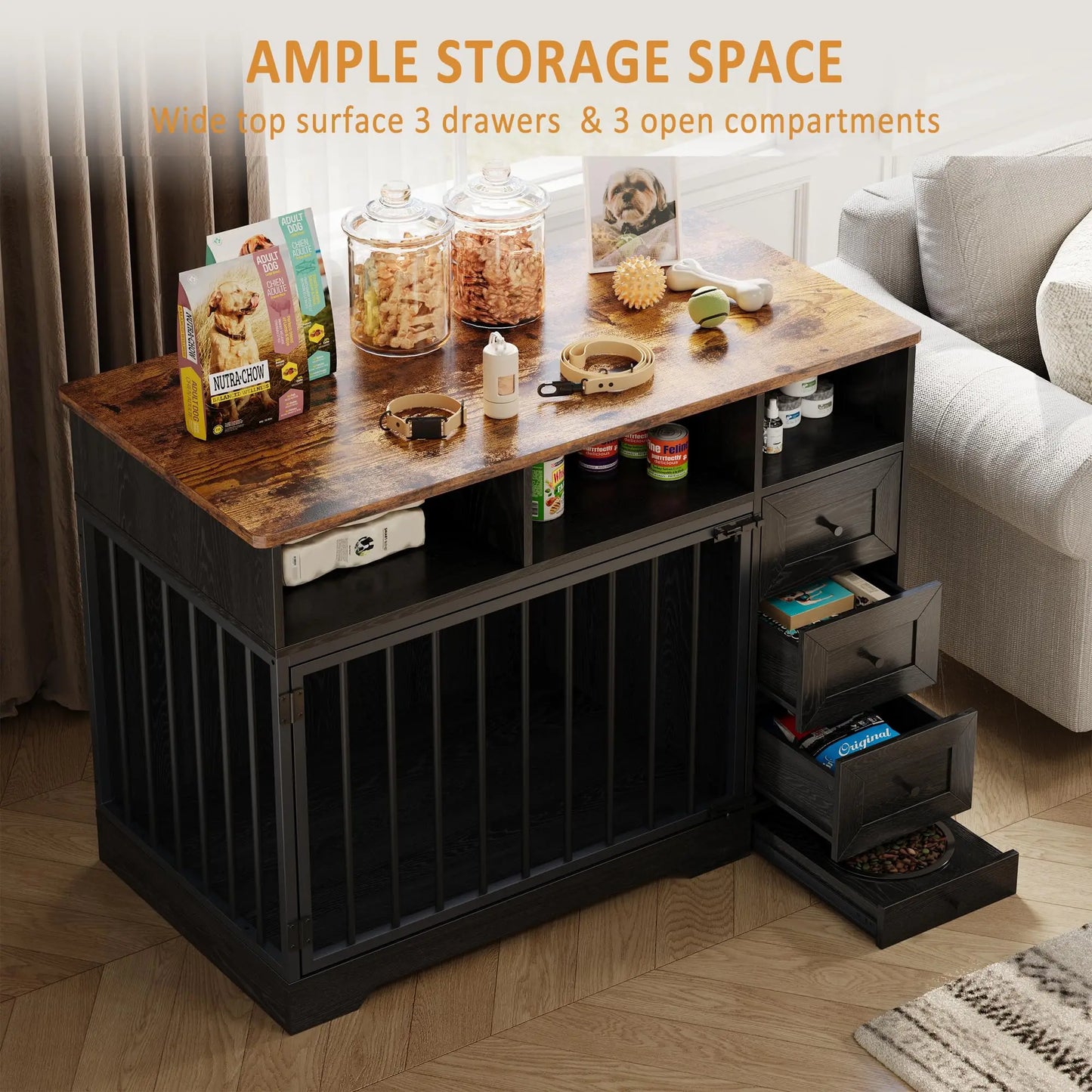 HiMISS Farmhouse Wooden Dog Crate Furniture End Table Feeding Station