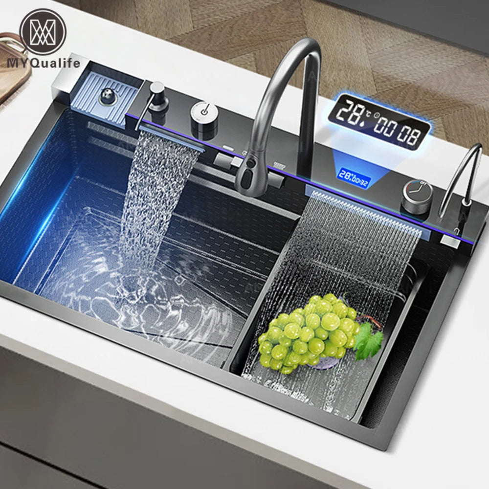 MYQualife 304 Stainless Steel Waterfall Kitchen Sink Faucet Soap Dispenser