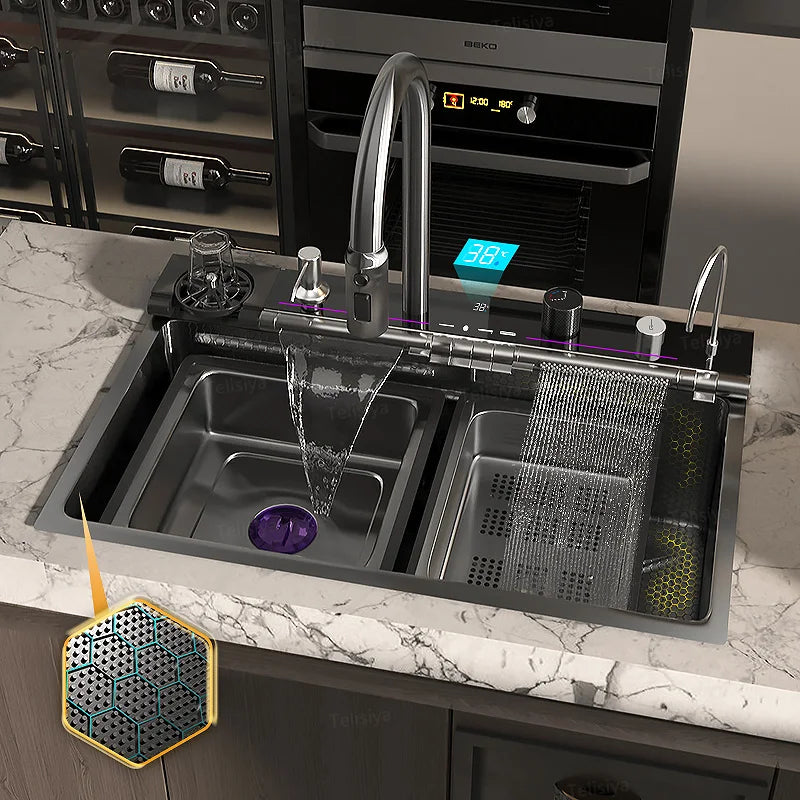 Telisiya Waterfall Stainless Steel Kitchen Sink Four Hole Above Counter