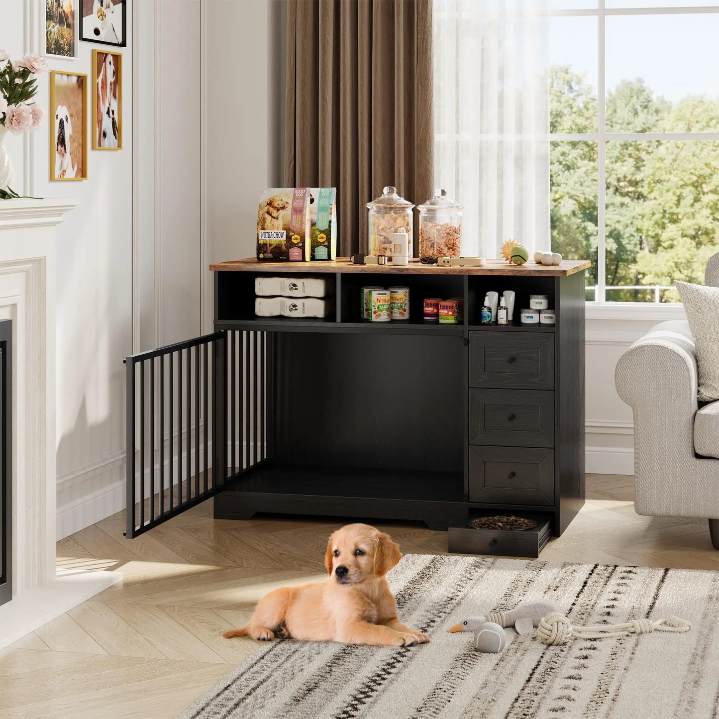 HiMISS Farmhouse Wooden Dog Crate Furniture End Table Feeding Station