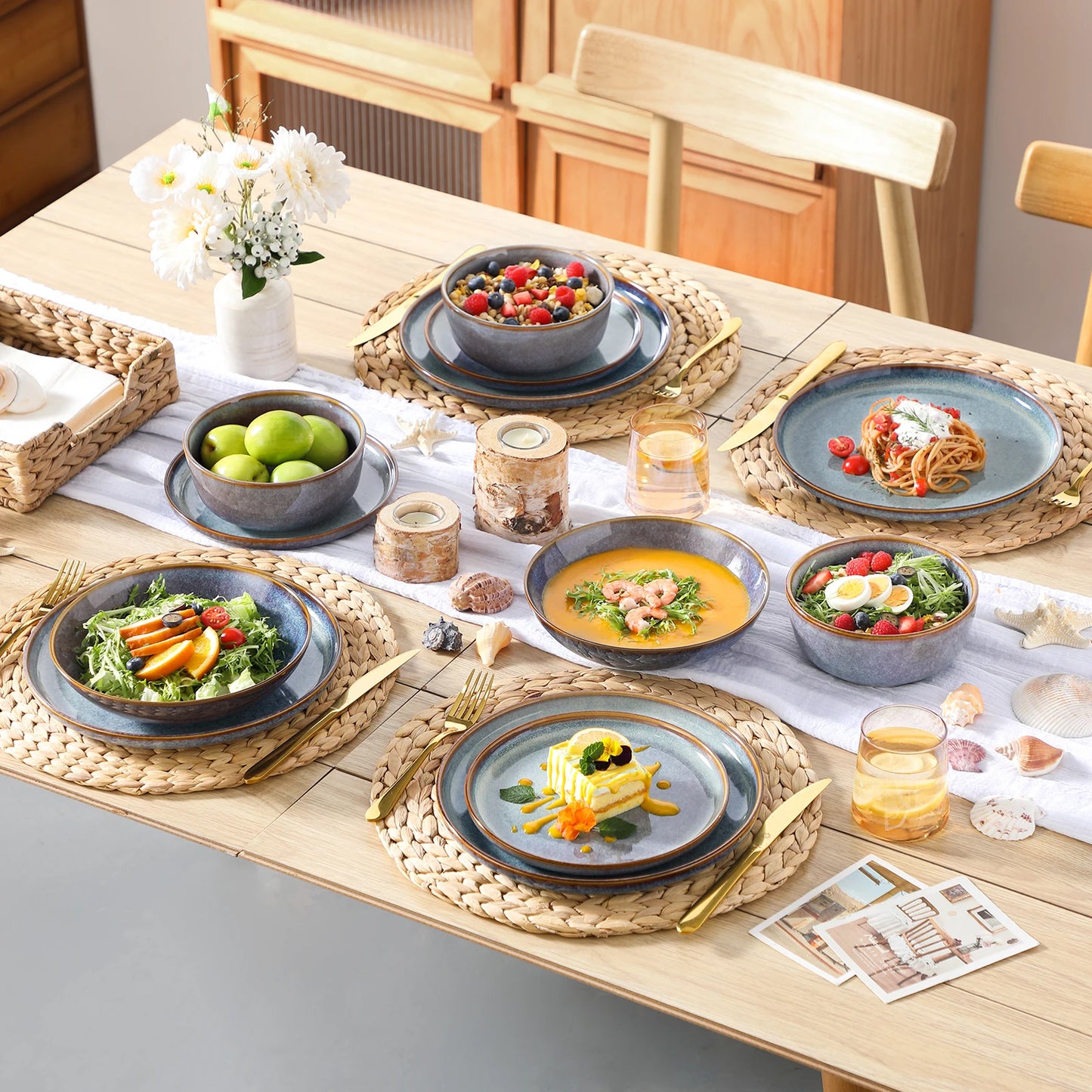 Malacasa Reactive Glaze Stoneware Dinnerware Set Plates Bowls