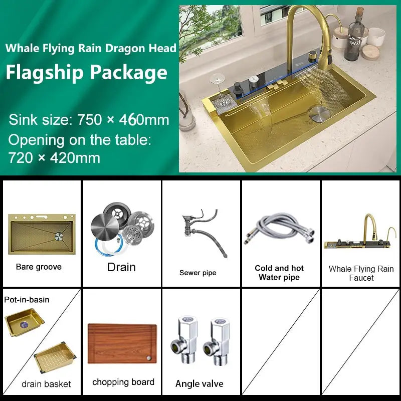 Telisiya Waterfall Stainless Steel Kitchen Sink Four Hole Above Counter