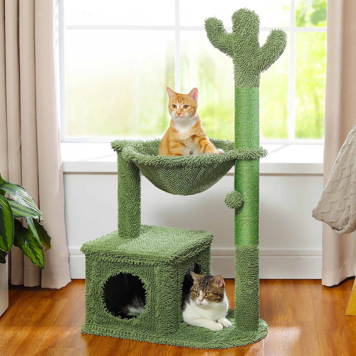 PEQULTICN Cactus Cat Tree With Large Condo Hammock And Dangling Ball Toy
