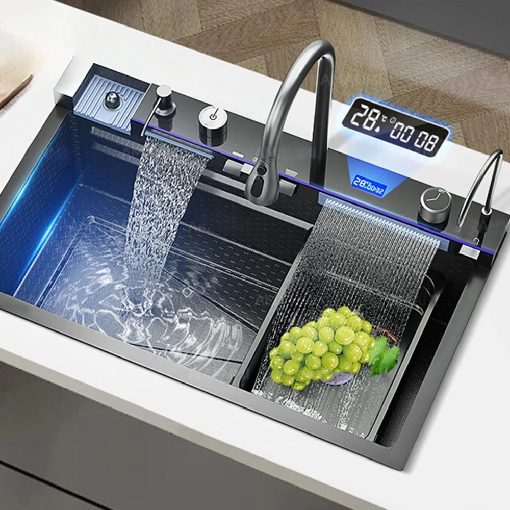 Stainless Steel Waterfall Kitchen Faucet Set With Digital Display