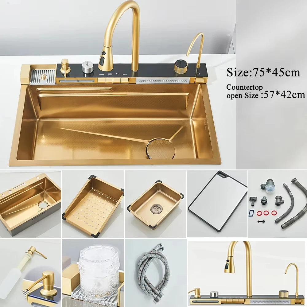 MYQualife 304 Stainless Steel Waterfall Kitchen Sink Faucet Soap Dispenser