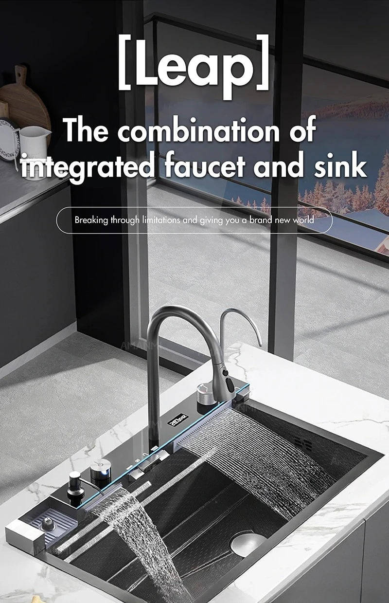 Stainless Steel Waterfall Kitchen Faucet Set With Digital Display