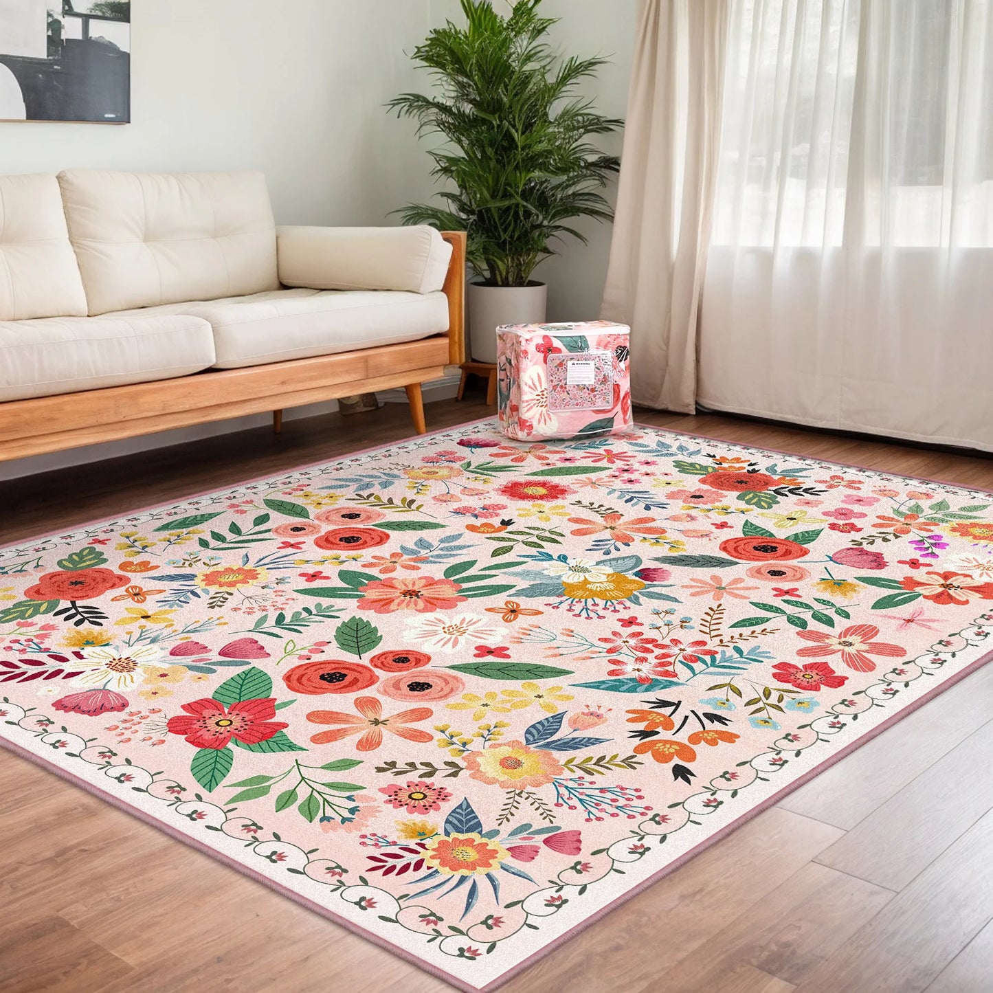 Super Boho Floral Rug Washable Non Slip Low Pile Carpet