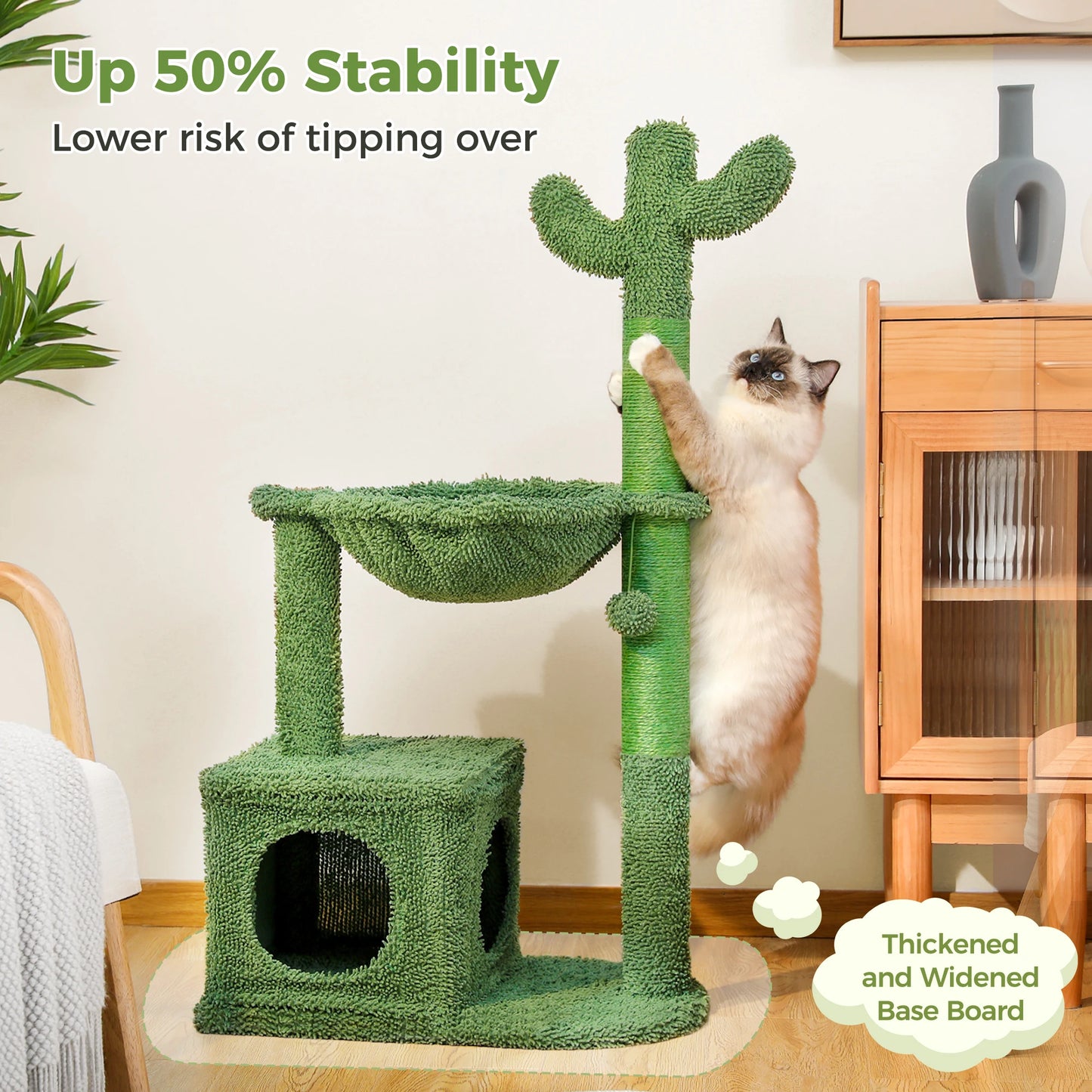 PEQULTICN Cactus Cat Tree With Large Condo Hammock And Dangling Ball Toy