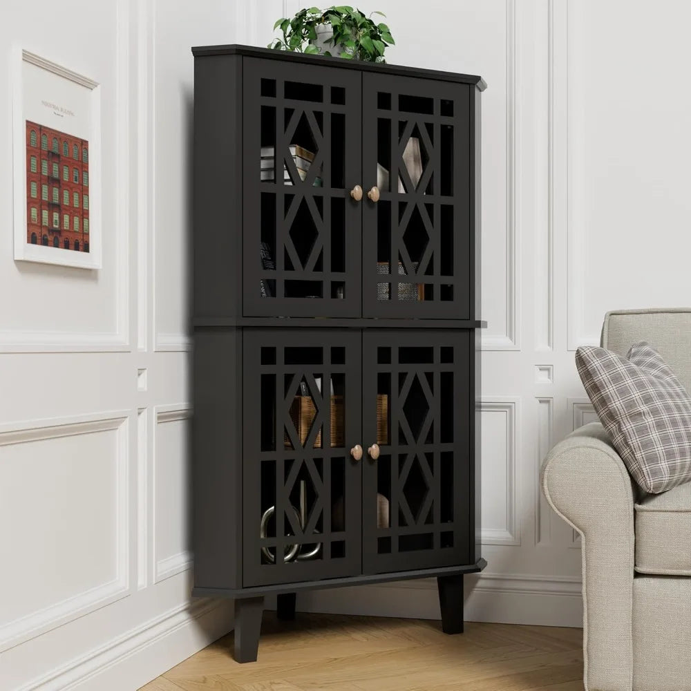Tall Corner Shelf Cabinet with 4 Doors & 4-Tier Adjustable Shelves, Free-Standing Storage Organizer for Living Room, Bathroom