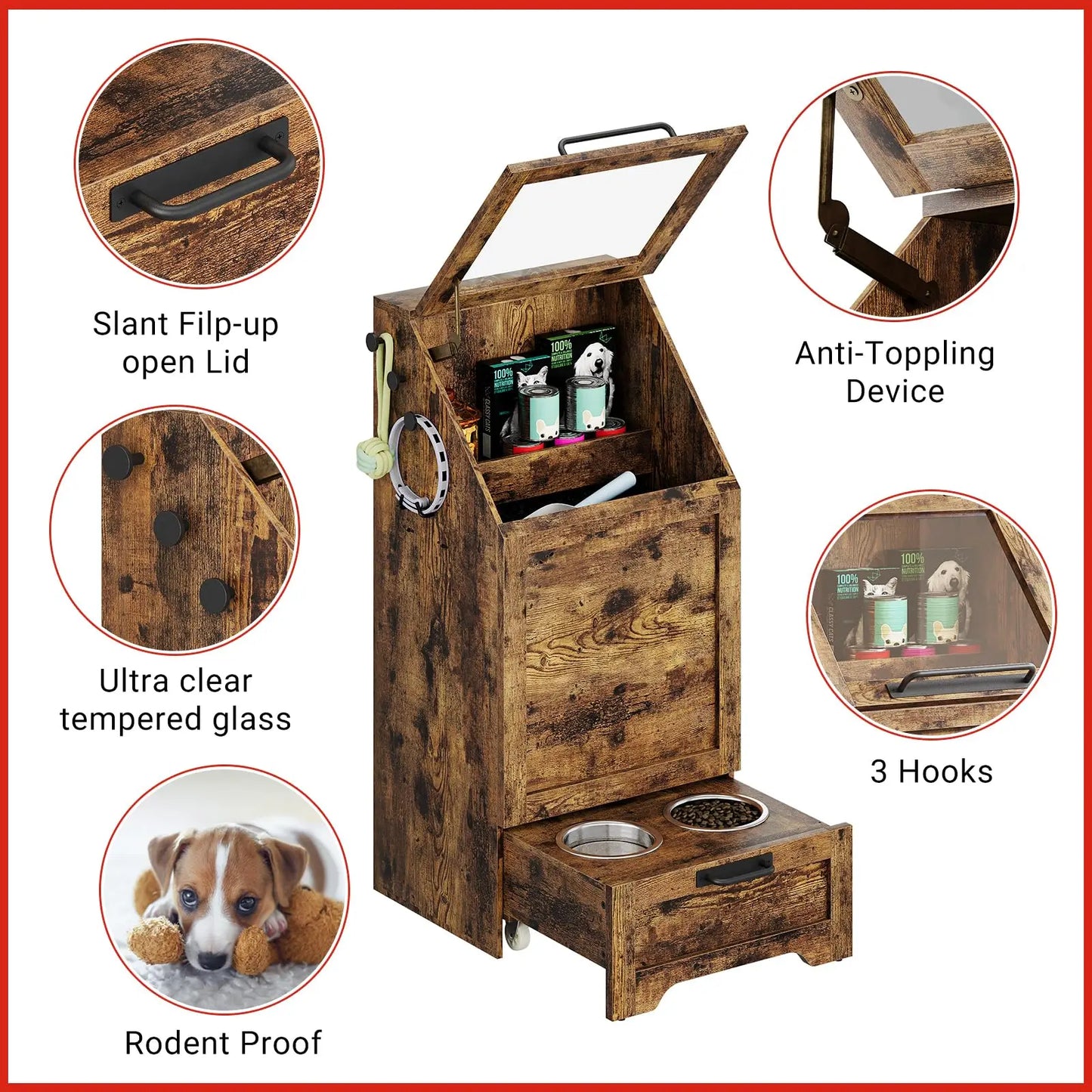 HiMISS Dog Food Storage Cabinet With Flip Top Feeding Station And Leash Hooks