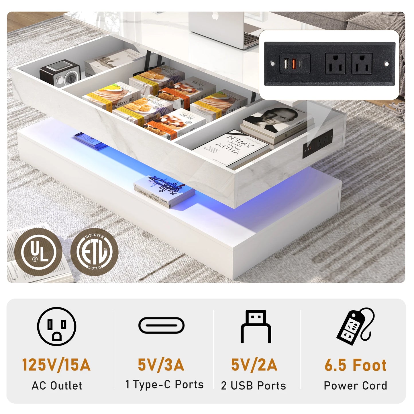 QiaoShiRen High Gloss LED Coffee Table With Open Display Shelf