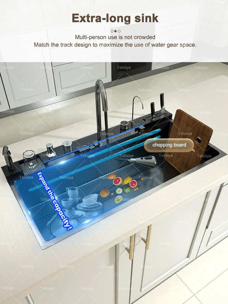 Telisiya Waterfall Stainless Steel Kitchen Sink Four Hole Above Counter
