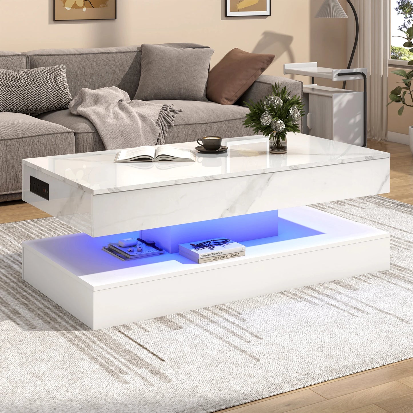 QiaoShiRen High Gloss LED Coffee Table With Open Display Shelf
