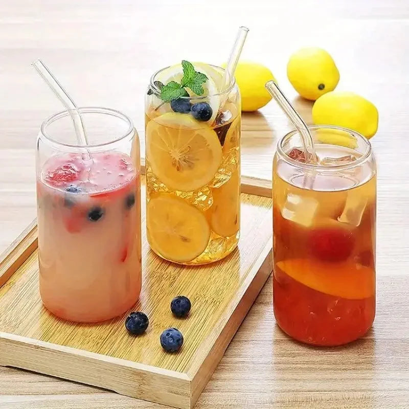 NONEDrinkware 6pc Glass Cups With Bamboo Lids And Glass Straws