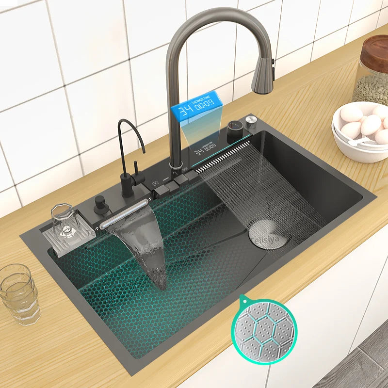 Telisiya Waterfall Stainless Steel Kitchen Sink Four Hole Above Counter