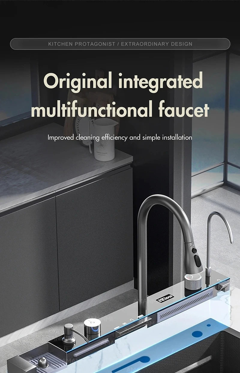 Stainless Steel Waterfall Kitchen Faucet Set With Digital Display