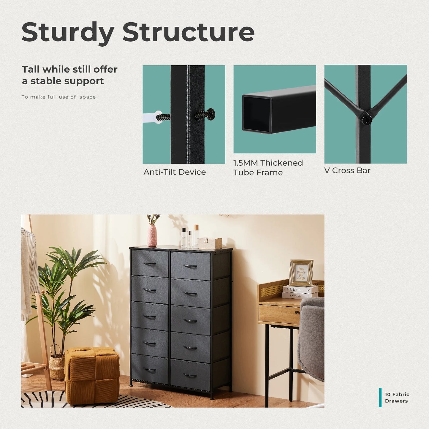 JHK Bedside Table With 10 Fabric Drawers Nightstand Storage