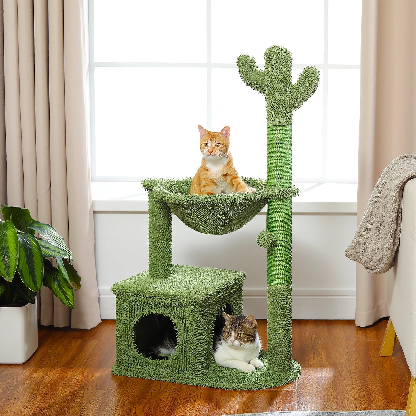 PEQULTICN Cactus Cat Tree With Large Condo Hammock And Dangling Ball Toy