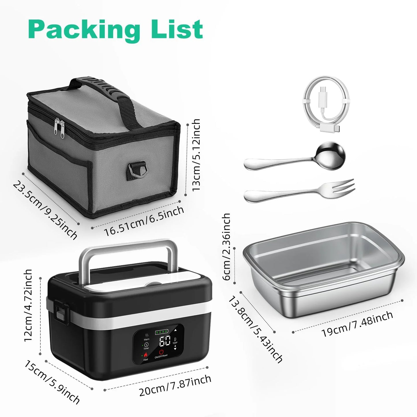 Wireless Electric Insulated Lunch Box 8000mAh Battery 60W Heating