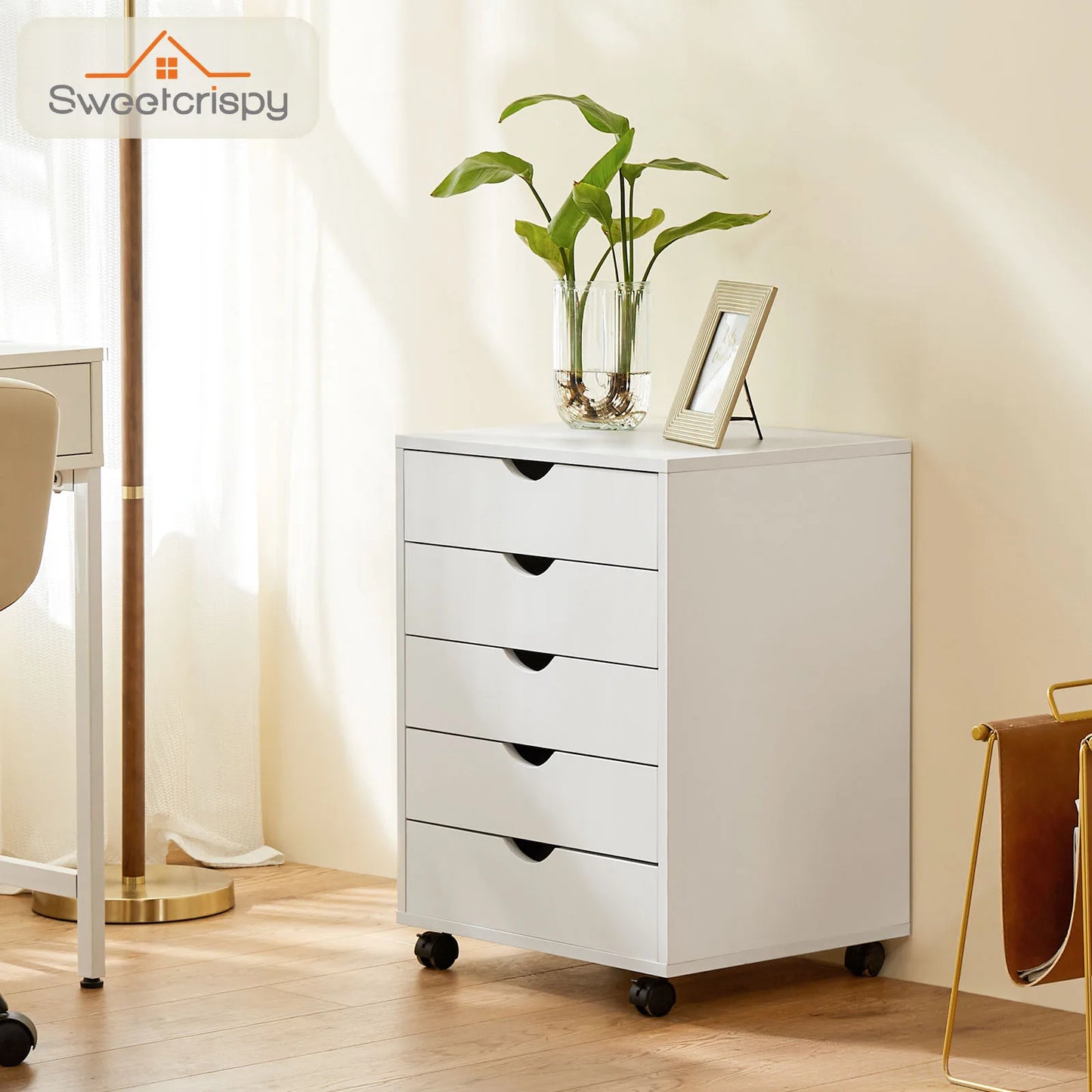 JHK Wood Nightstand 5 Drawer File Organizer With Rolling Wheels