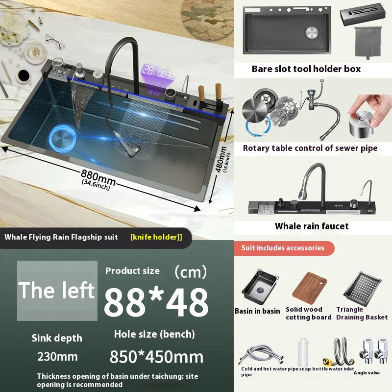 Telisiya Waterfall Stainless Steel Kitchen Sink Four Hole Above Counter