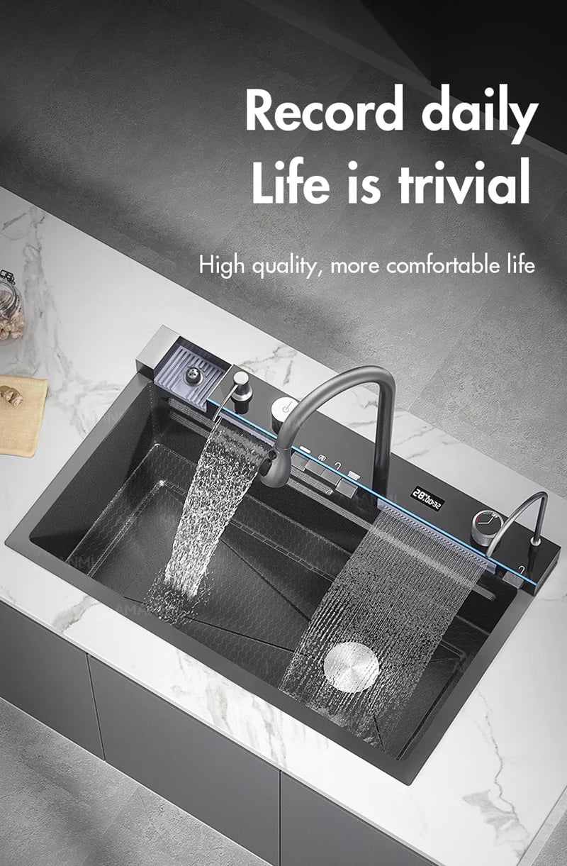 Stainless Steel Waterfall Kitchen Faucet Set With Digital Display