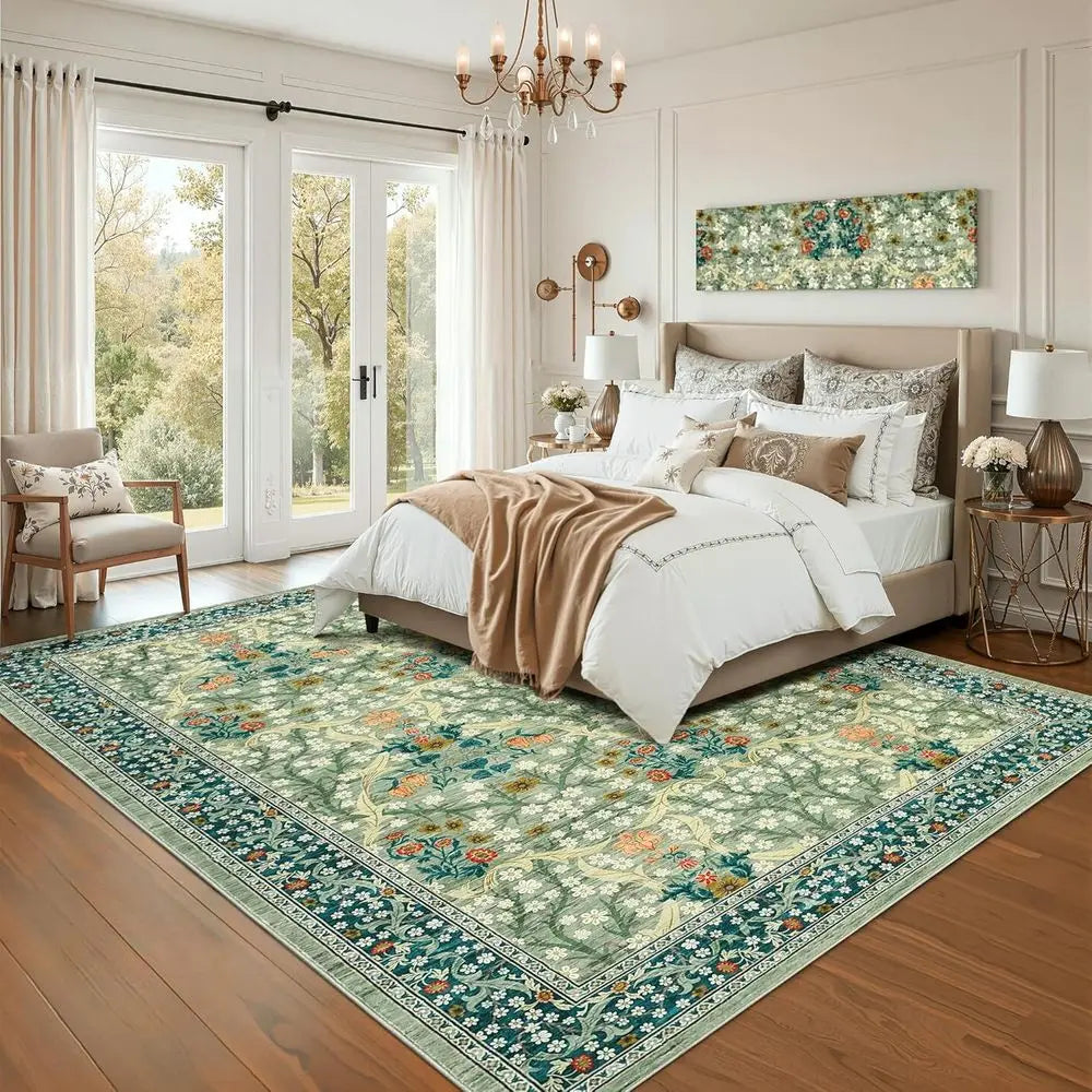 Washable Non Slip Stain Resistant Area Rug With Floral Design