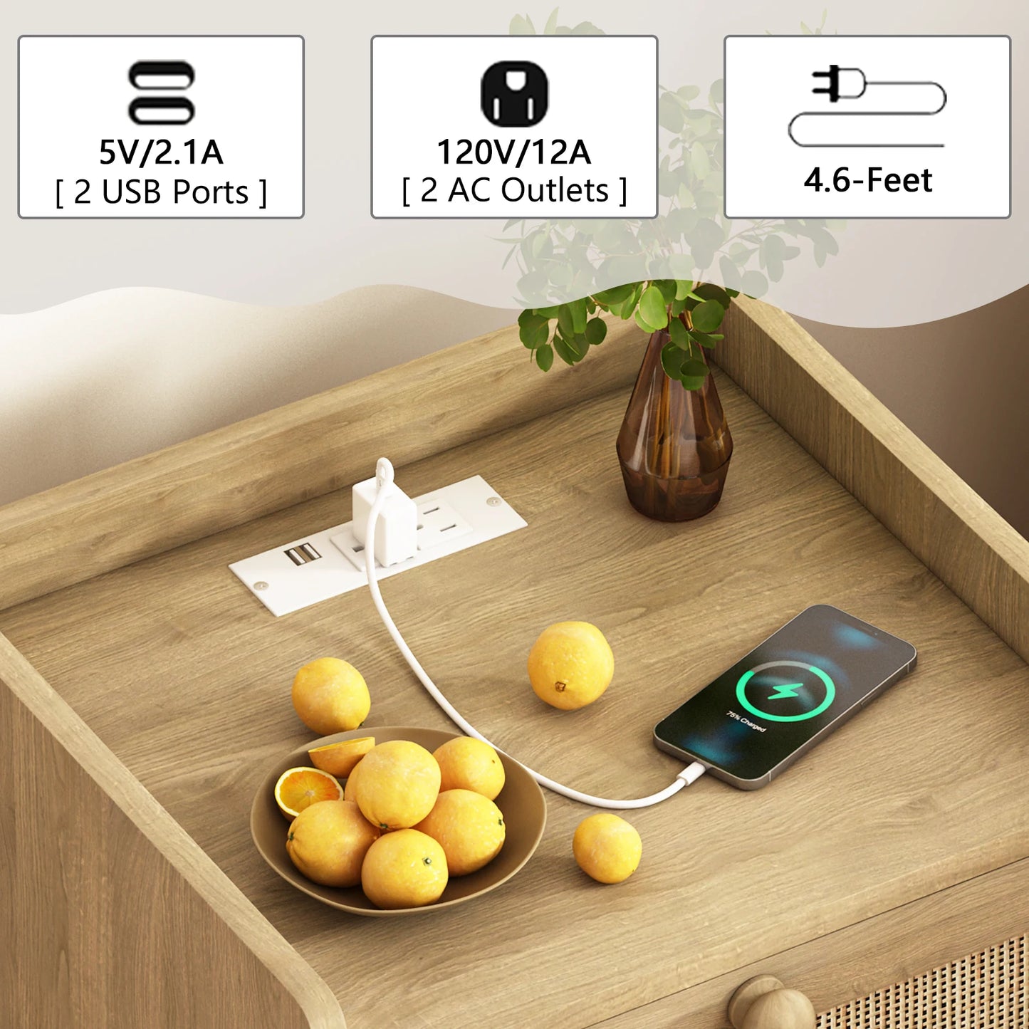 Rattan Nightstand With Charging Station And Two Drawers