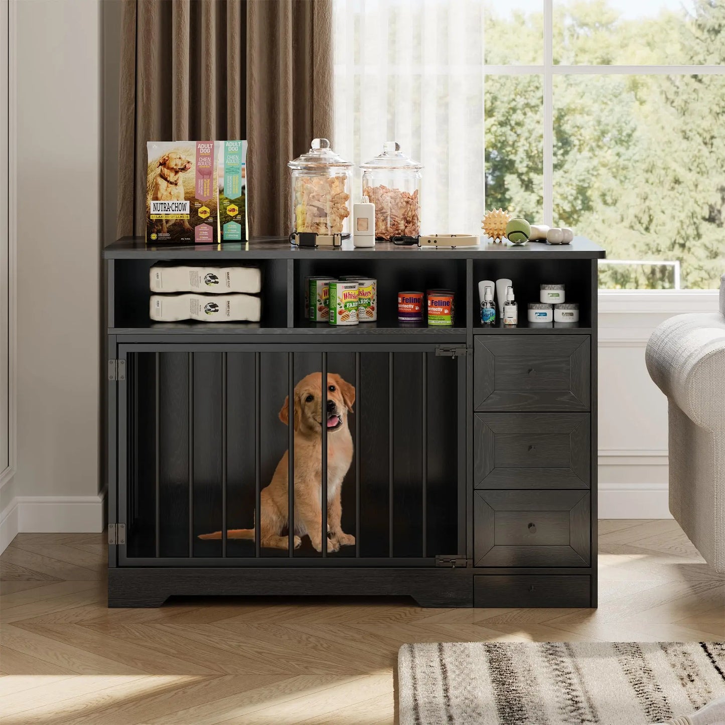HiMISS Farmhouse Wooden Dog Crate Furniture End Table Feeding Station