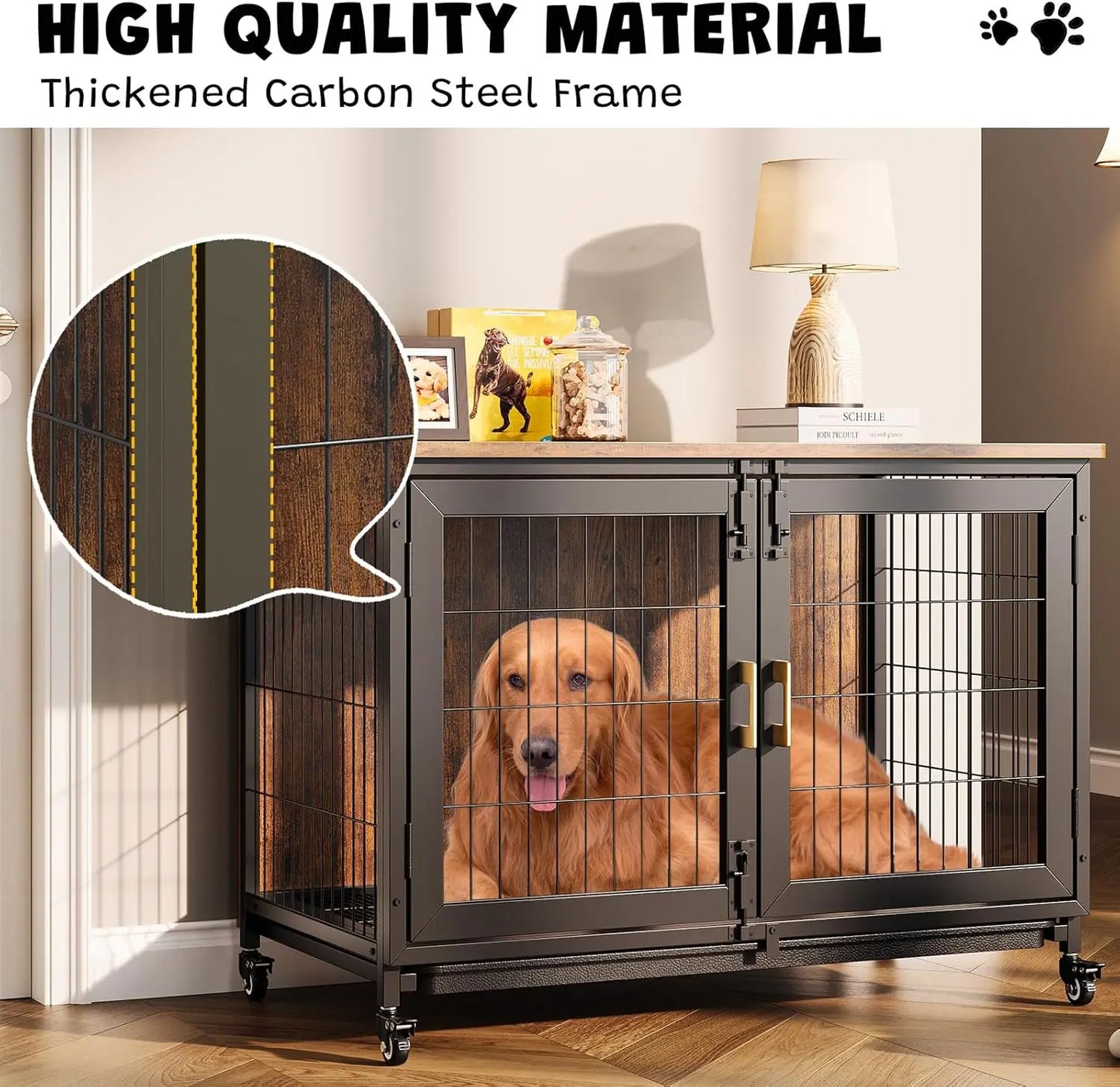 HiMISS Heavy Duty Indoor Dog Kennel With Wheels Carbon Steel Frame