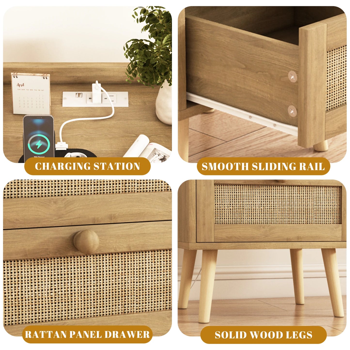 Rattan Nightstand With Charging Station And Two Drawers