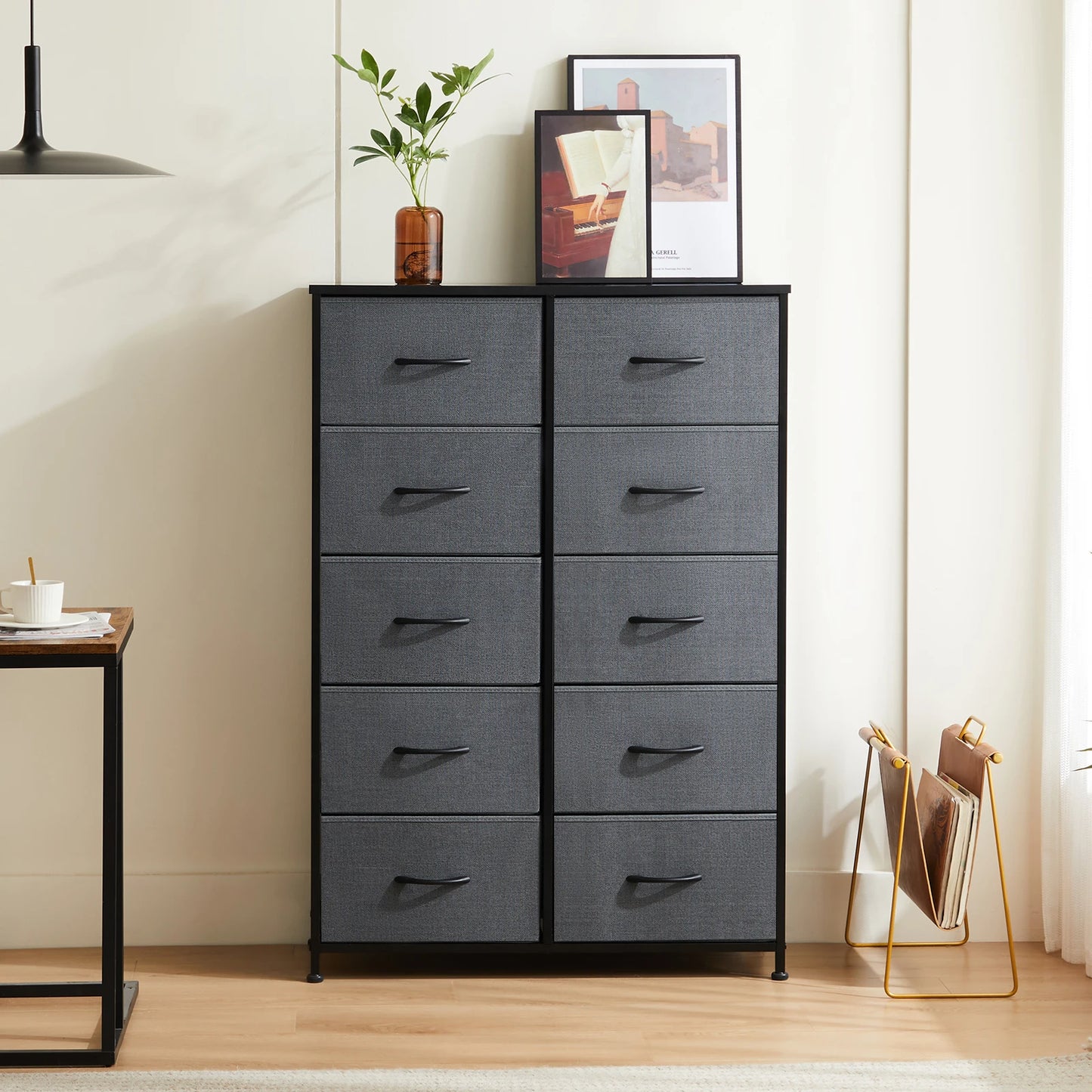 JHK Bedside Table With 10 Fabric Drawers Nightstand Storage